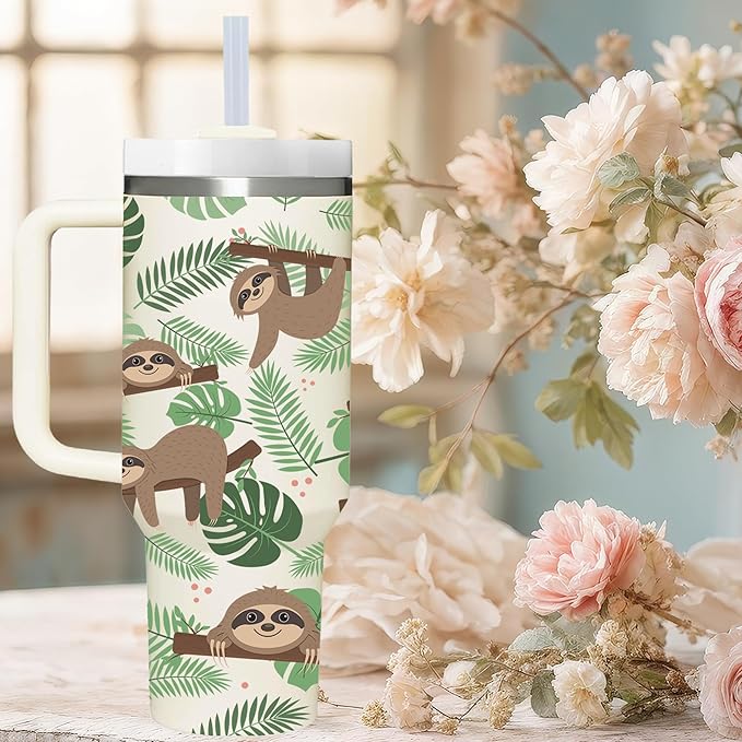 AMZUShome 40 OZ Sloth Tumbler with Handle.Sloth Lover Gifts.Unique Birthday Christmas Gifts for Sloth Lover.Personalized 40 OZ sloth Tumbler Gifts for Women Men.