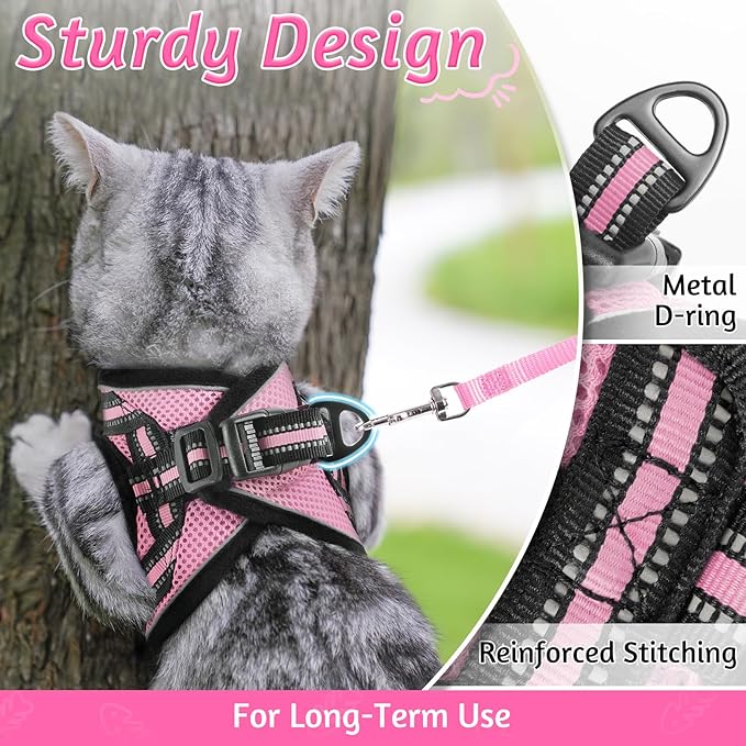 rabbitgoo Cat Harness and Leash Set for Walking Escape Proof, Adjustable Soft Kittens Vest with Reflective Strip for Cats, Comfortable Outdoor Vest, Pink, S