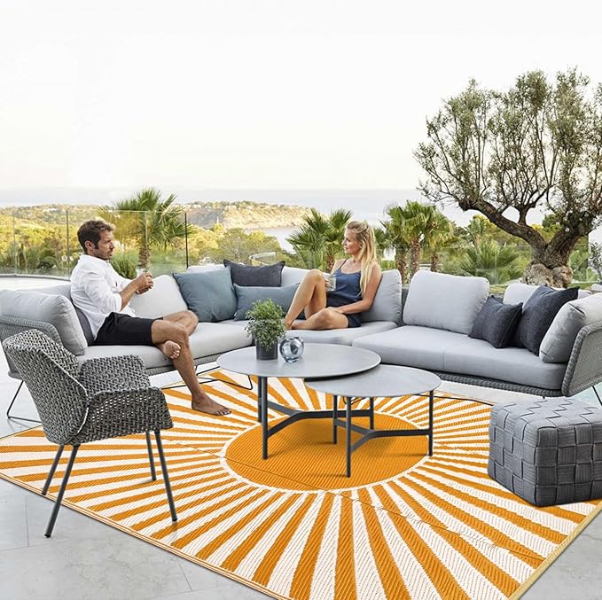 Anidaroel Outdoor Area Rugs 9x12ft Waterproof Clearance, Reversible Camping Rugs for Outside RV, Outdoor Plastic Straw Patio Rugs for Camping, Trailer, Backyard, Pool Deck, Picnic(Orange,9‘x12')