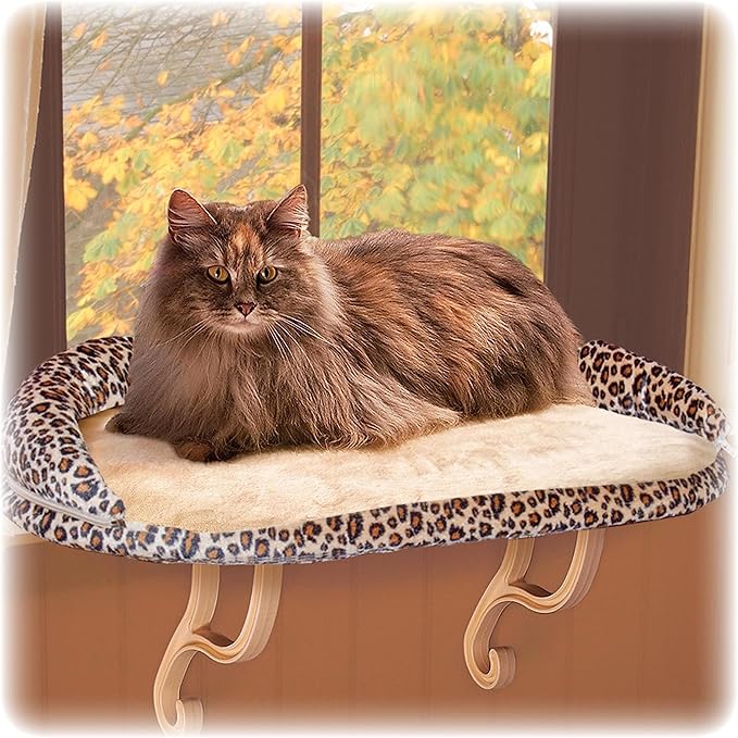 K&H Pet Products Deluxe Kitty Sill w/ Bolster Cat Window Bed, Cat Window Perch for Large Cats, Cat Window Hammock, Cat Window Seat, Window Cat Bed, Cat Perch Cat Hammock –Tan Leopard Print