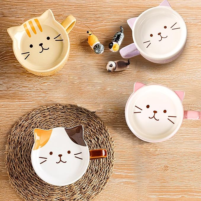 2PCS Cute Mug Kawaii cat Tea Cup Ceramic Coffee Mug with lid,Tea Cups and Saucers for Dessert Tea Mug Cute Gifts Cat lover gifts for women Anime gifts for women Christmas Gifts 10oz (Pink +Purple)