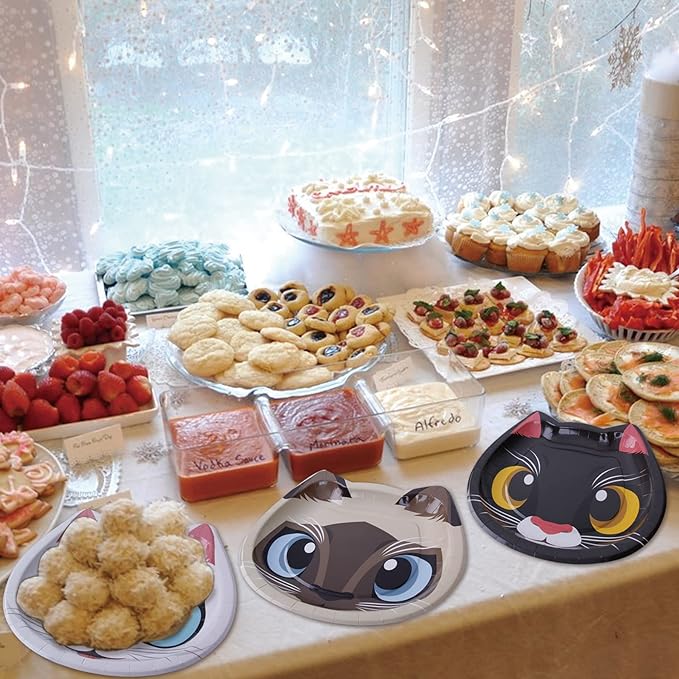 24 Pcs Cat Shaped Dinner Plates - Cat Themed Party Tableware for Birthday, Baby Shower, Kitten Theme Party Supplies