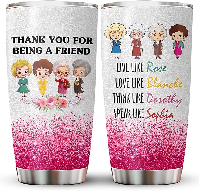 34HD Golden Tumbler 20oz – Thank You for Being a Friend – Double Wall Vacuum Insulated Stainless Steel Cup – Keeps Drinks Hot or Cold – Glitter Travel Mug Gift for Women & Friends