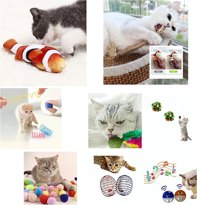 38Pcs Cat Toys,Plastic Springs,Catnip Fish,Plush Balls,Bell Balls,Mice cage Balls,Crinkle Balls,Catnip Balls,Silvervine and Mice Cat Toys,Bite,Hunt,Indoor Cat Toys