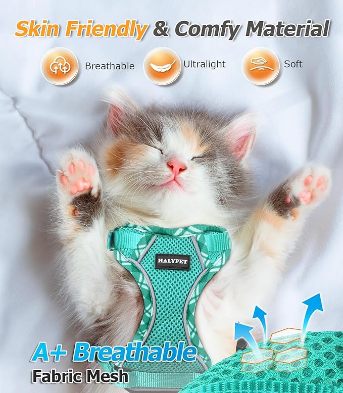 Halypet Cat Harness and Leash Set [H500 Pro Escape Proof Cat Harness for Walking, Adjustable Breathable Soft Travel Cat Leash, Reflective Strips Kitten Harness