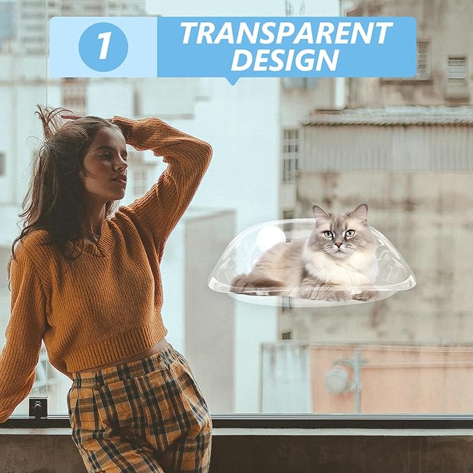 Cat Window Hommock Bed - Clear Plastic with 2 Strong Suction Cups, Space-Saving Window Mounted Shelf for Indoor Cats