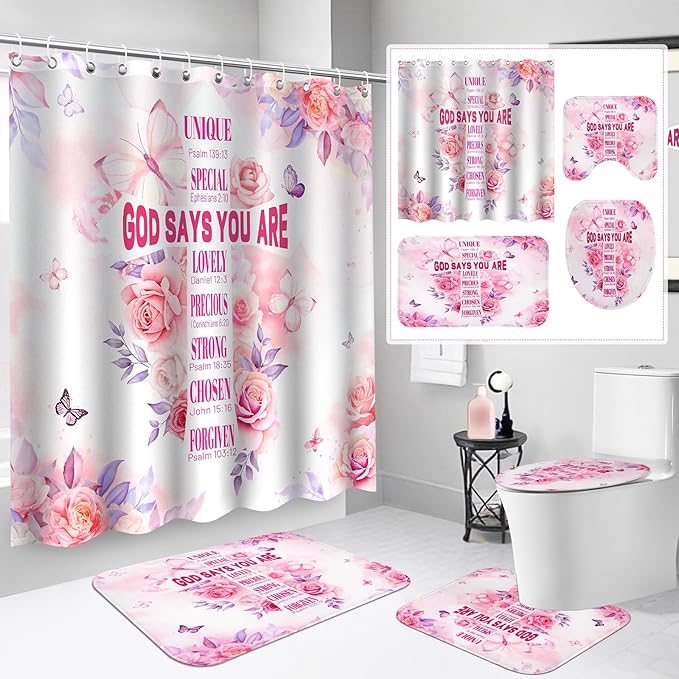 4 Pcs Pink Butterfly Inspirational Quotes Shower Curtain Set with Rugs and Toilet Lid Cover, Waterproof Fabric Bathroom Set for Women Girls, Bible Verse Floral Bathroom Decor with 12 Hooks
