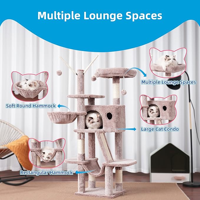 Hey-brother Cat Tree, 53 inch Cat Tower for Indoor Cats, Cat House with Padded Platform Bed, Toy Balls, Large Cozy Condo, Hammocks and Sisal Scratching Posts, Muchroom MPJ019-SMU