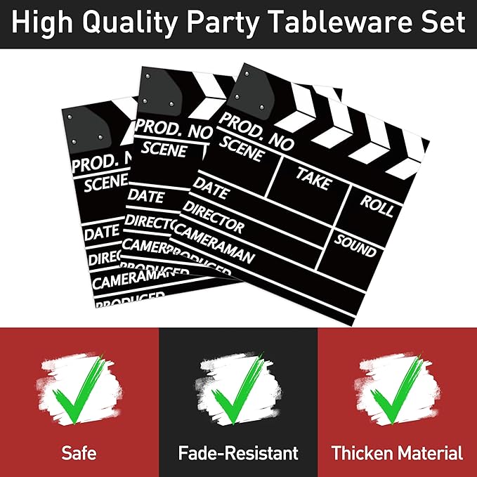 96 Pcs Movie Theme Party Plates Napkins Forks Decorations Tableware Set Supplies Disposable Paper Movie Night Popcorn Projection Tape Favors, Serves 24 Guests