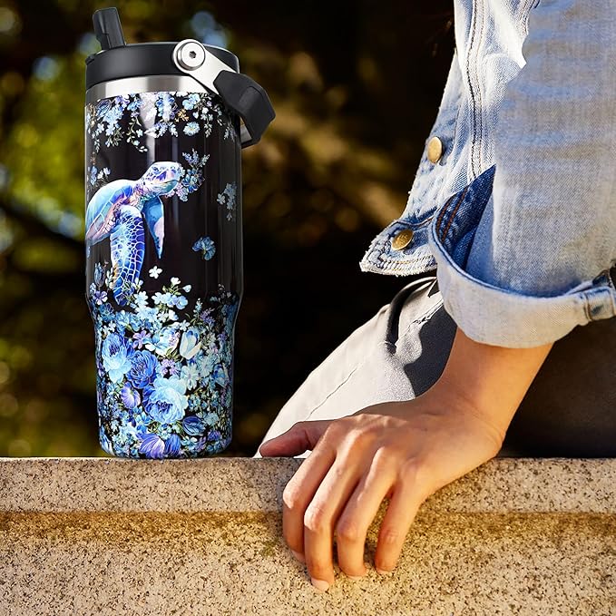 30oz Sea Turtle Gifts Tumblers for Women with Handle and Straws, Stainless Steel Vacuum Insulated Coffee Tumbler, Travel Mug Water Bottle, Sea Turtle Stuff Accessories Decor