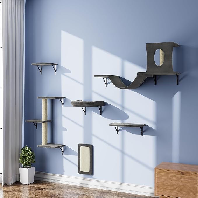 Wall Mounted Cat Furniture, 6pc Cat Wall Furniture, Cat Climber with Cat House, Bridge, Tree, Steps, and Scratcher, DIY Cat Walls Playground, Cat Shelves for Indoor Wall Furniture Set - Dark