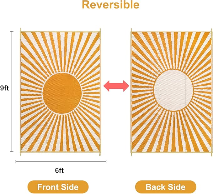 Anidaroel Outdoor Area Rug for Patio Clearance 6X9ft Waterproof, Reversible Plastic Straw Rug Outside Rug, Stain & UV Resistant RV Mat for Camping, Porch, Balcony, Pool Deck, Backyard(Orange,6‘x9')