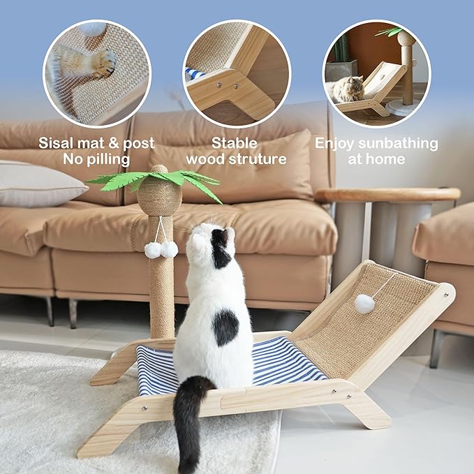 Beach Chair Cat Hammock, Cat Furniture, Original Cozy Cat Lounger with Sisal Scratcher and Toy Ball, Elevated Cat Beds for Indoor Cats (Blue)