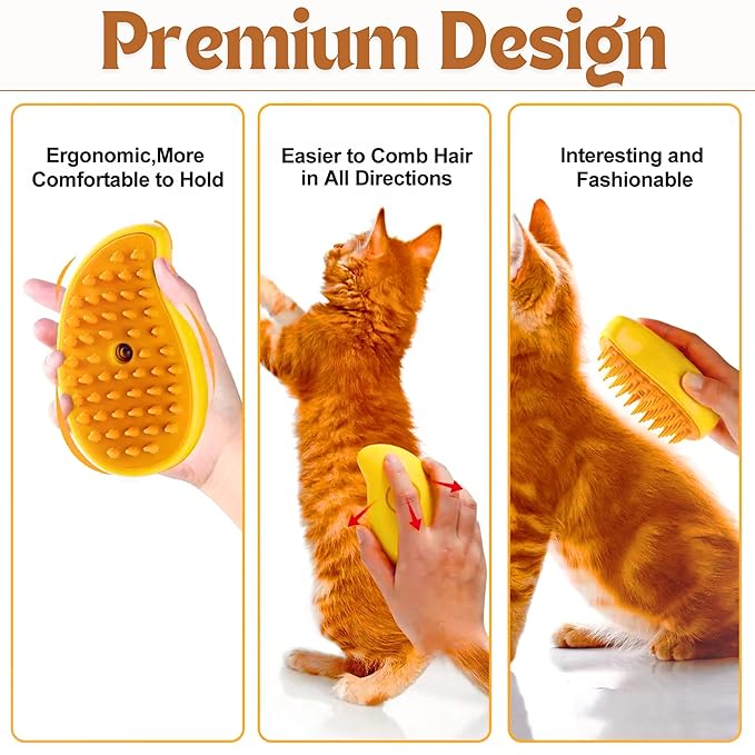 3-in-1 Self-Cleaning Steam Brush for Pets - Removes Loose and Tangled Hair, Multifunctional Design for Cats, Yellow