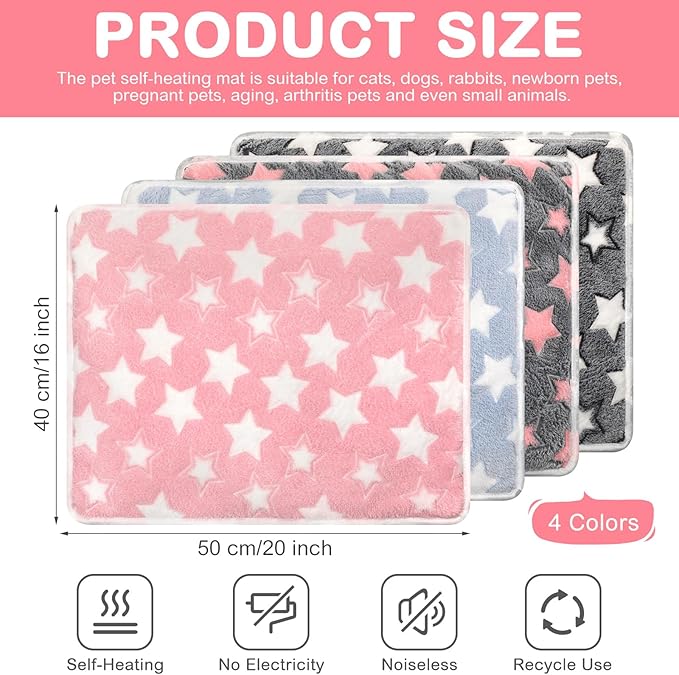 4 Pack Self Heating Cat Bed Cat Self Warming Pad with Removable Cover Extra Warm Thermal Pet Pad Washable Pet Crate Mat Anti Slip Kennel Pad for Indoor Outdoor Pets(Star,16 x 20 Inches)