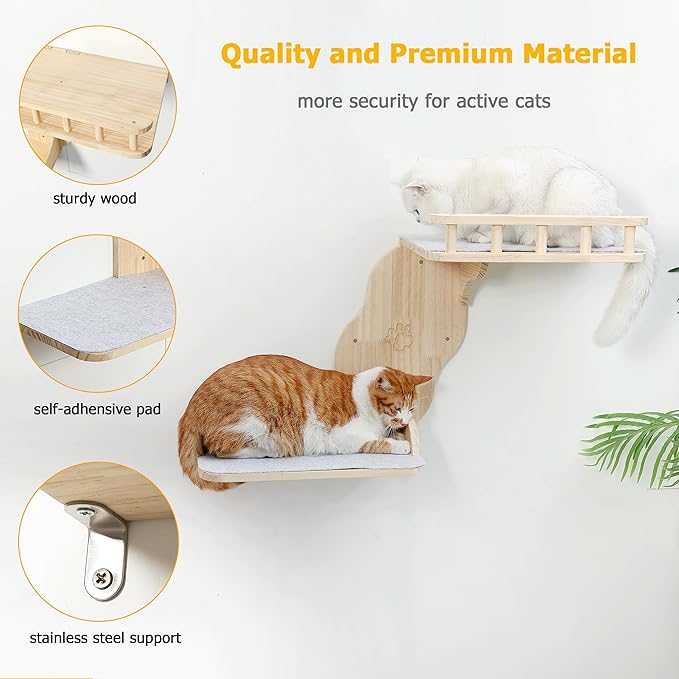 Wall Mounted Cat Shelves for Inside,2-Levels Wall Perch with Scratching Mat,Solid Pine Wood Floating Furniture for Climb,Lounge and Sleep (Right)