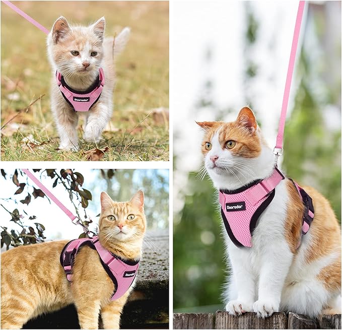 Dooradar Cat Harness and Leash Set, Escape Proof Safe Adjustable Kitten Vest Harnesses for Walking, Easy Control Soft Breathable Mesh Jacket with Reflective Strips for Cats, Pink, XS