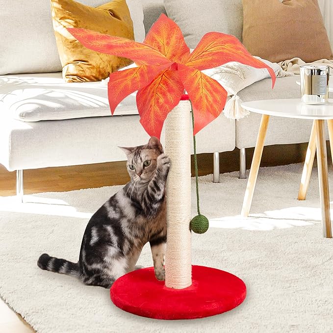 Cat Scratching Post 23.6 inch Cute Cat Scratcher Kitten Scratching Post with Sisal Rope for Indoor Cats Palm Tree Cat Scratching Post with Dangling Balls for Small Cats, Red