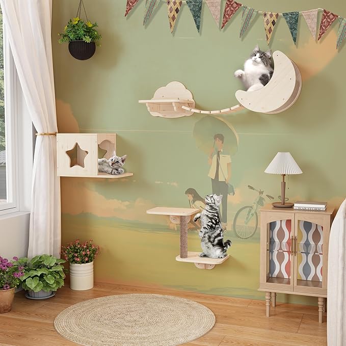 Cat Wall Shelves 7PCS Set for DIY Solid Wood Cat Star Houses & Condos Cat Perches Cat Scratching Post Cat Bridge for Kitty & Kitten Modern Cat Tree