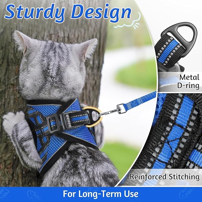 rabbitgoo Cat Harness and Leash Set for Walking Escape Proof, Adjustable Soft Kittens Vest with Reflective Strip for Cats, Comfortable Outdoor Vest, Blue, XL