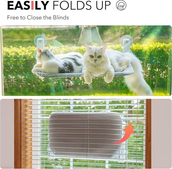 MEWOOFUN Cat Window Perch, Cat Window Hammock with Strong Suction Cups, Cat Window Bed with Steel Frame and Removable Cushion Cover, Cat Hammock Cat Window Seat for Indoor Cats (Grey, Large)