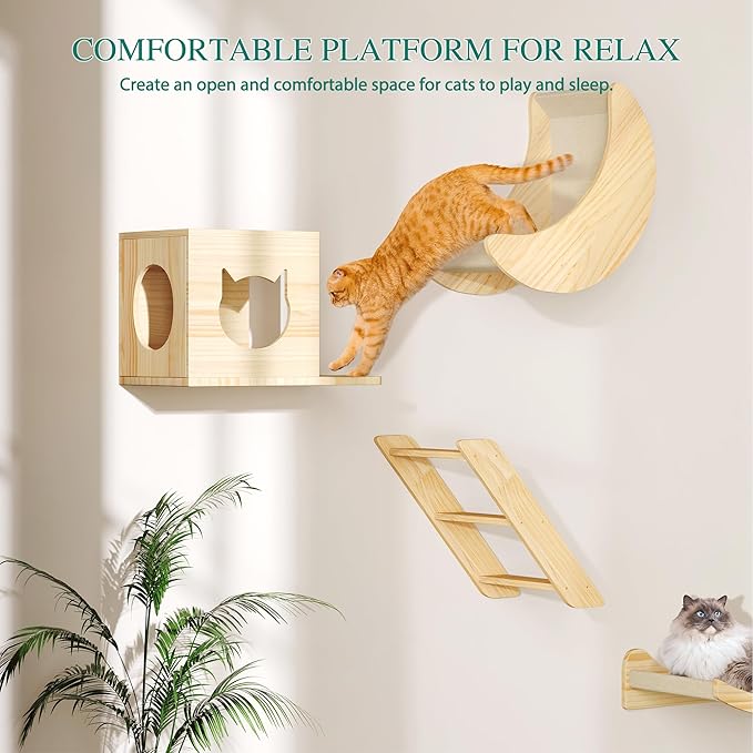 YITAHOME Solid Wood Cat Wall Shelves and Perches for Wall, Pine Wall Mounted Cat Tree Set of 13, Cat Climbing Shelves Playground Scratching Post with 5 Steps Indoor Mounted Moon Condos House