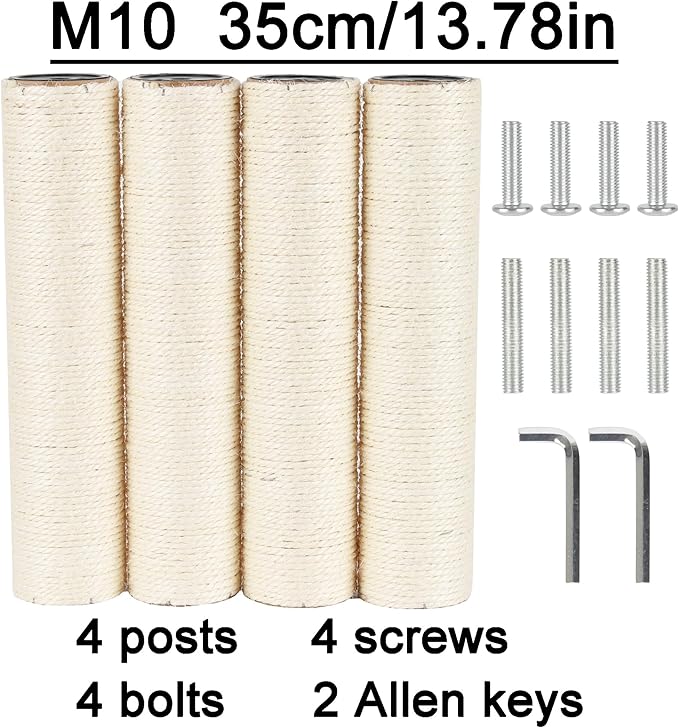 4 Pcs 3.1in 7.9cm Diameter Cat Scratching Post Replacement Sisal Pole with Screws and Bolts and Wrench for Cat Tree Condo (35cm/13.78in, M10)