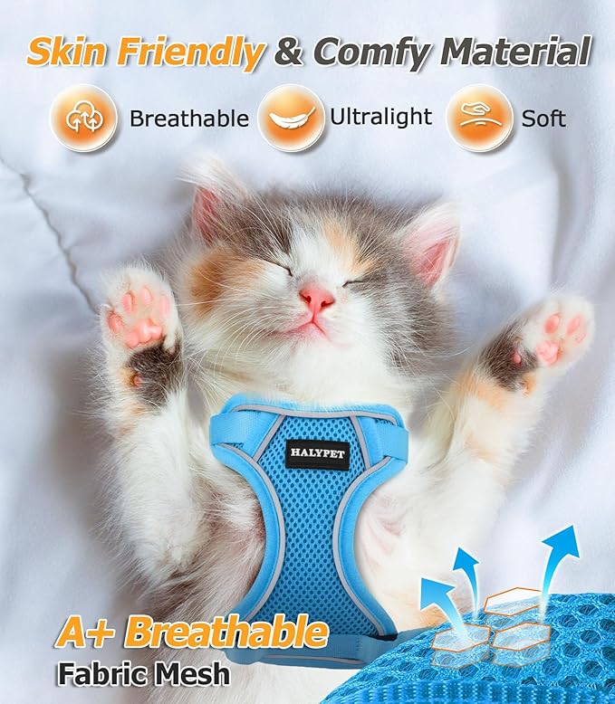 Halypet Cat Harness and Leash Set [MAX Safety 4th-Gen Upgrade] Escape Proof Adjustable Cat Leash Comfortable Soft Vest Easy to Wear Kitten Harness with Reflective Strip for Cats Walking, M SkyBlue