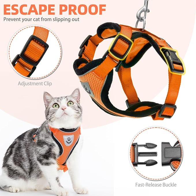 PUPTECK Cat Harness and Leash Set Escape Proof Reflective Cat Walking Harness Adjustable Soft Breathable Mesh Vest for Small Pets, Orange, S
