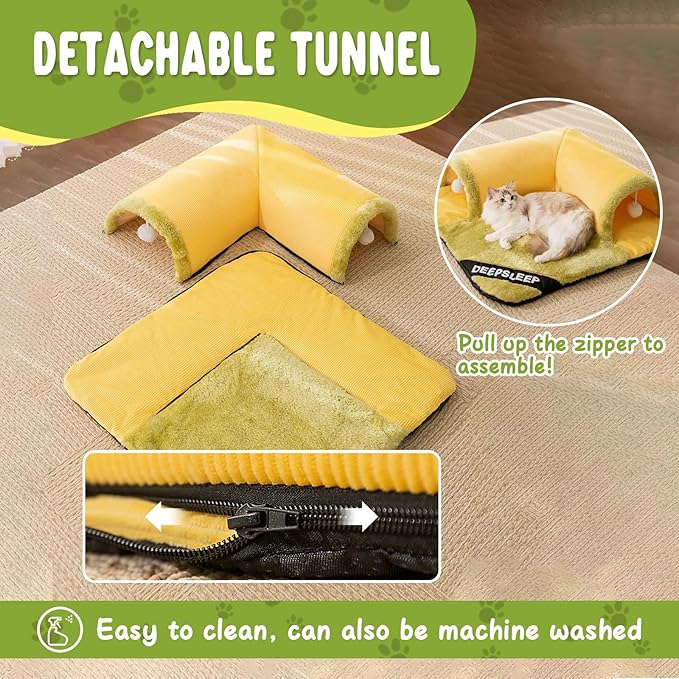 2-in-1 Cat Tunnel Bed for Indoor Cats, 27.5 Inch Cozy Peekaboo Design, Large Detachable & Washable Pet Bed and Play Tunnel for All Seasons, Perfect for Cats and Small Pets