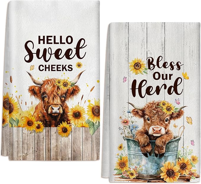 2 Pcs Highland Cow Gifts Highland Cow Kitchen Towels for Farmhouse Bathroom Kitchen Decor 24 x 16 Inch Highland Cattle Tea Hand Towels