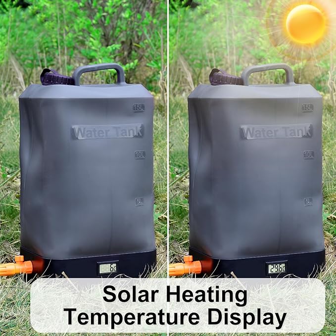 B. TAWD 4.5 Gallon Silicone Water Tank, Portable Camping Shower, USB Battery Charging, Solar Heating, with Shower Head, Electric Portable Outdoor Shower, Built-in Thermometer, Beach, Camping, Hiking