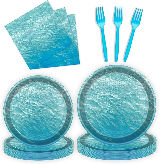 96 Pcs Ocean Sea Plates and Napkins Party Supplies, Disposable Forks Paper Dessert Tableware Decorations Birthday Table Dinnerware Favors Set, Serves 24
