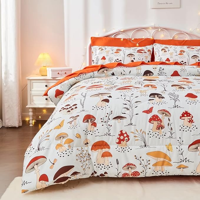 7 Piece Mushroom Comforter Set Twin Size,Plant Wild Mushroom Comforter with Sheet Set Bed in A Bag for Kids Boys Girls,Twin(1 Comforter, 1 Flat Sheet, 1 Fitted Sheet, 4 Pillowcases)