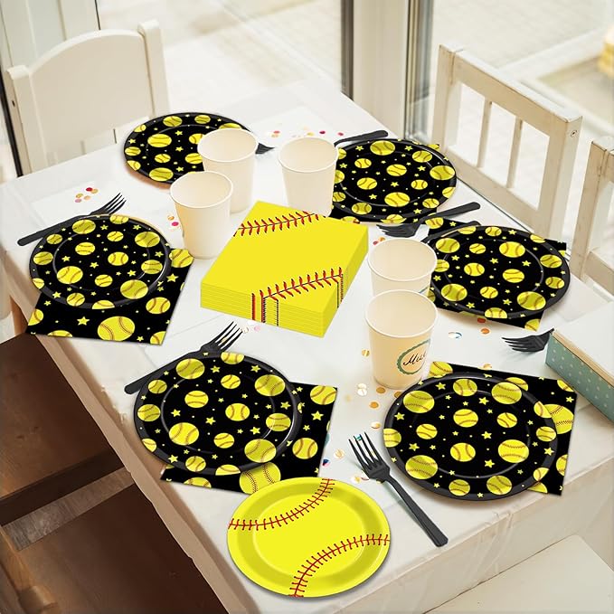 96Pcs Softball Birthday Party Supplies: 24 Servings - Black & Yellow Softball Tableware Set - Plates, Napkins, Forks - Sports Theme Party Kit