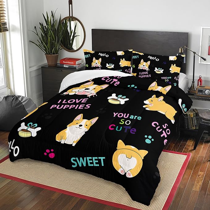 AILONEN Kids Puppy Comforter Set Twin Size - Cute Puppy Bedding Set for Girls Boys - Dog Lover Cartoon Pet Animals & Bones Print Duvet Set, 1 Quilt and 2 Pillowcases,All Season