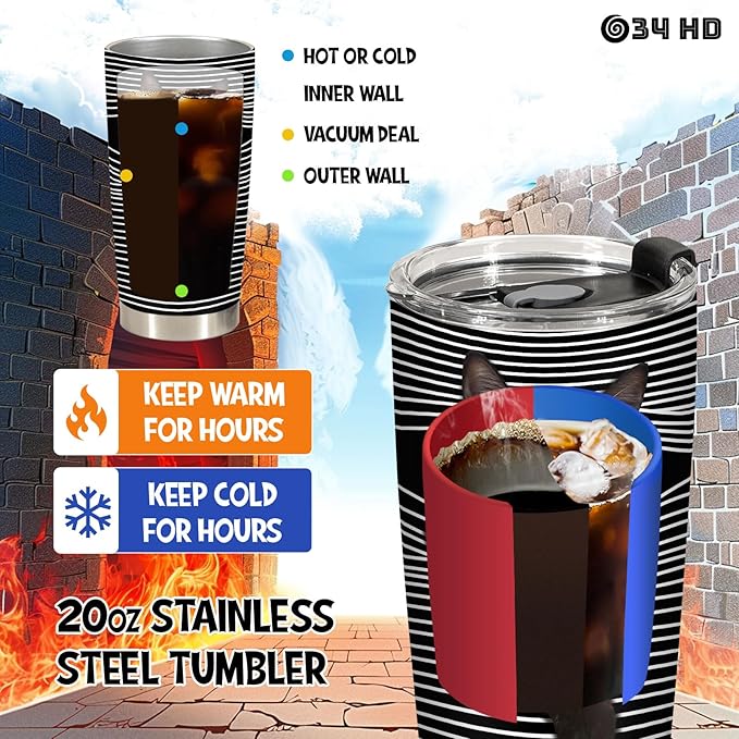 34HD Black Cat Tumbler with Lid, 20 oz Stainless Steel Vacuum Insulated Hide and Seek Mug Kitty, Funny Cat Gifts for Men Women Mothers Day Birthday Christmas