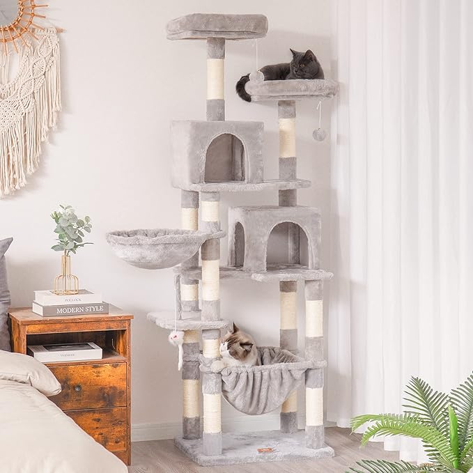 Heybly Cat Tree, 70 inches Tall Cat Tower condo with Toy for Indoor Large Cats, Cat House Furniture with Padded Plush Perch, Cozy Hammock and Sisal Scratching Posts,Light Gray HCT032W