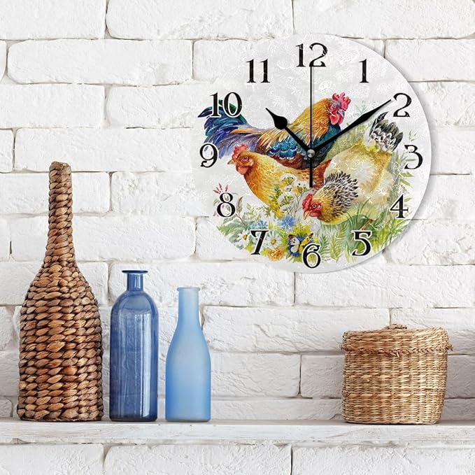 ALAZA Rooster Wall Clock Chicken Grass Battery Operated Kitchen Clock 9.5 Inch Bathroom Clock Non Ticking Round Decorative Desk Clock Bedroom Living Room Decor