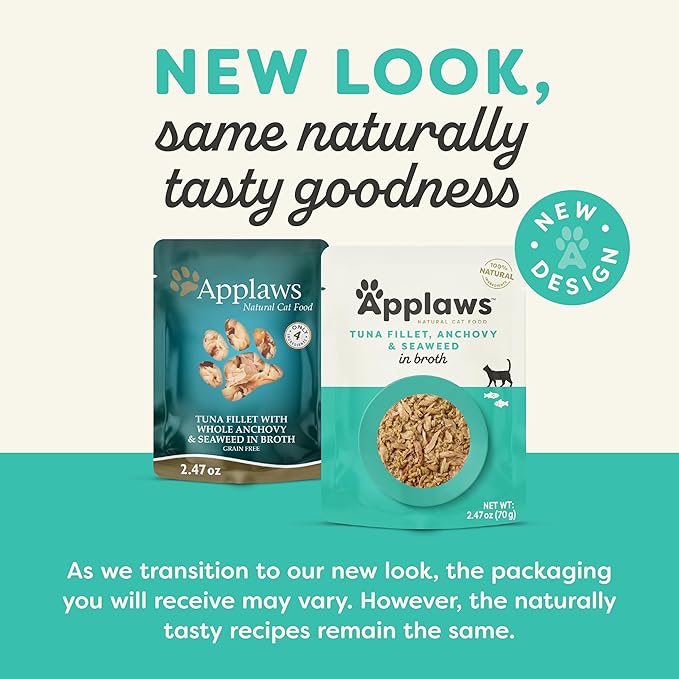 Applaws Natural Wet Cat Food in Broth, Limited Ingredient Wet Cat Food Pouches, No Additives, Made with Natural Ingredients, Tuna with Anchovt & Seaweed in Broth (12 x 2.47oz Pouches)