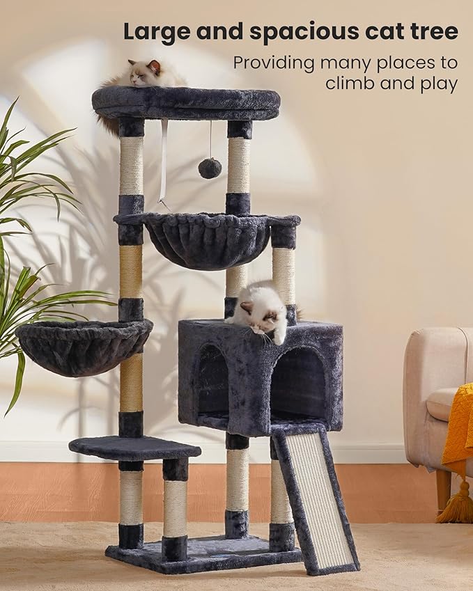 Hey-brother Large Cat Tree, Cat Tower for Indoor Cats, Cat House with Padded Bed, Cozy Condo, Hammocks, Sisal Scratching Posts, Big Scratcher, Smoky Gray MPJ006-MG