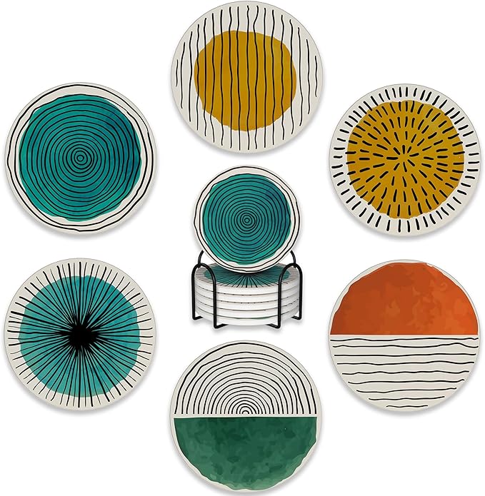 6 Pcs Coasters for Drinks with Holder,Abstract Art Minimalist Absorbent Coaster with Cork Backing,Great Gift for Housewarming,Room Decor,Bar,Holiday Party