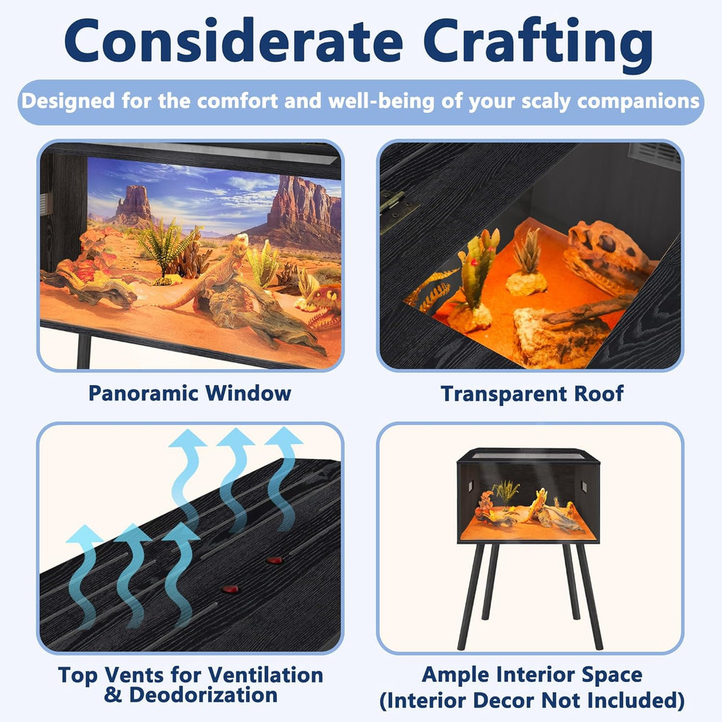 Prolee Reptile Terrarium, Lizard Tank Up to 68 Gallons, Bearded Dragon Tank with Roof Door, Snake Tank with Built-in Lamp Fixture and Switch, with Leg Stand (Black, 21 Gallons, 24" Length)