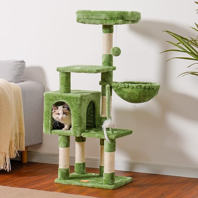 Heybly Cat Tree with Toy, Cat Tower condo for Indoor Cats, Cat House with Padded Plush Perch, Cozy Hammock and Sisal Scratching Posts, Green HCT004SGR