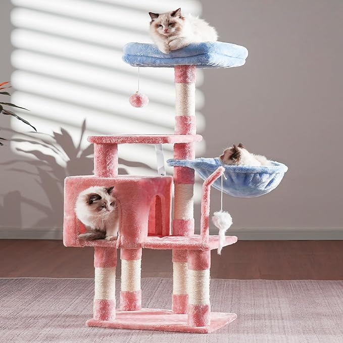 Heybly Cat Tree with Toy, Cat Tower condo for Indoor Cats, Cat House with Padded Plush Perch, Cozy Hammock and Sisal Scratching Posts, Blue and Pink HCT004SBP