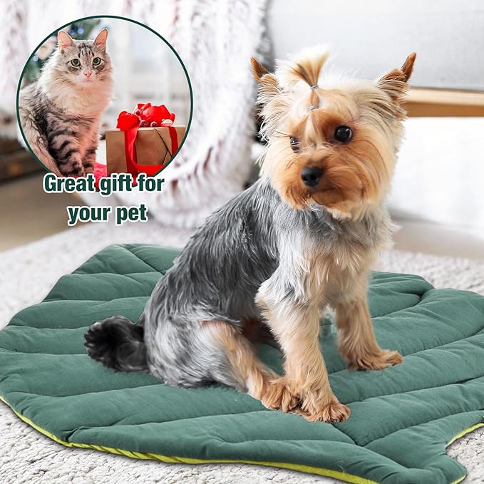 28 x 20 Inch Pet Mattress Leaf Shape Cat and Dog Cotton Bed Pad Cat Double Sided Floor Cover Mat Warming Dog Blanket Pad for Warm Indoor Puppy Accessories(Dark Green, Green)