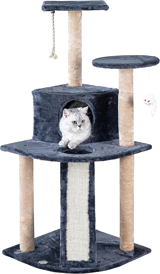 Go Pet Club Everyday Value 47in Corner Cat Tree Kitty Condo Kitten Scratcher Tower House Furniture with Hanging Toys for Indoor Cats, Gray/Beige