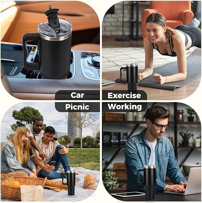 40 oz Tumbler with Handle and Straw Lid Insulated Cup Stainless Steel Water Bottle Travel Mug Gifts for Women Men Kids Trek Collection Black-1 Pc