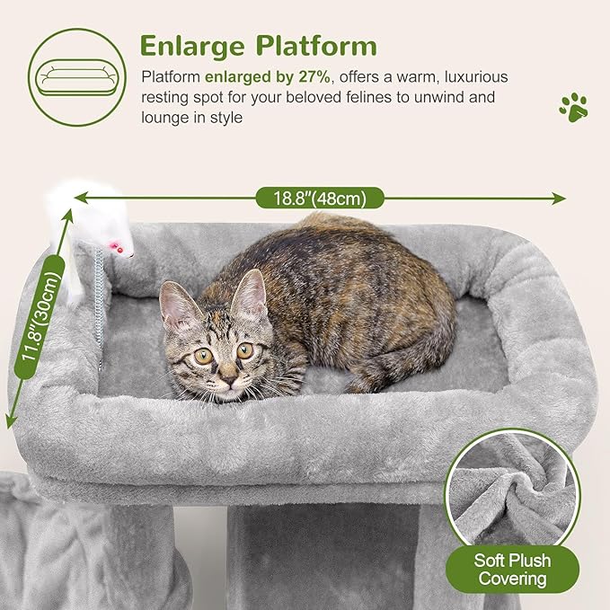 F46B Cat Tower for Indoor Cats | 46-Inch Sturdy Cat Condo for Multiple Adult Cats with Multiple Large Platforms, Hammock, and Anti-Tip Kit | Premium Quality Materials, Light Grey