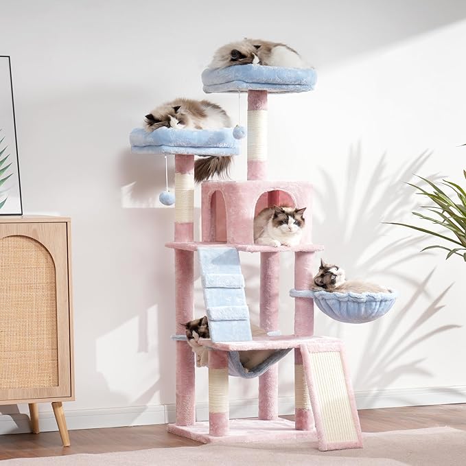 Heybly Cat Tree, Cat Tower for Indoor Cats,Multi-Level Cat Furniture Condo for Cats with Padded Plush Perch, Cozy Basket and Scratching Board,Blue and Pink HCT014BP